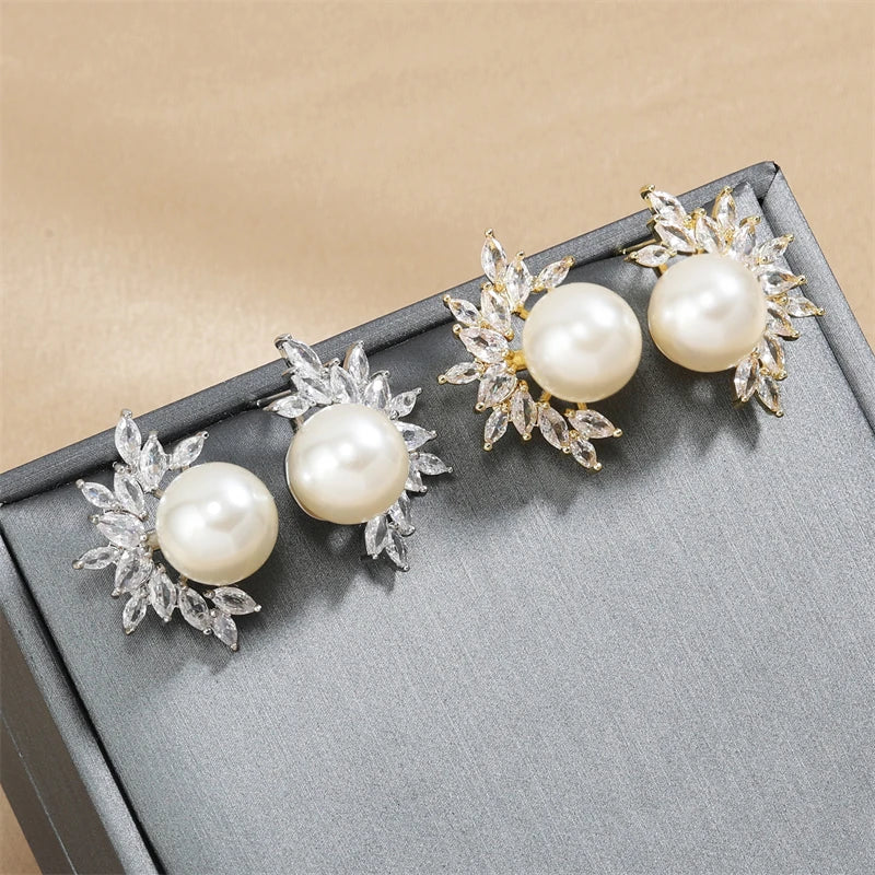 White Imitation Pearl Leaf Stud Earrings for Women Shiny Marquise Zircon Bridal Earring Wedding Jewelry