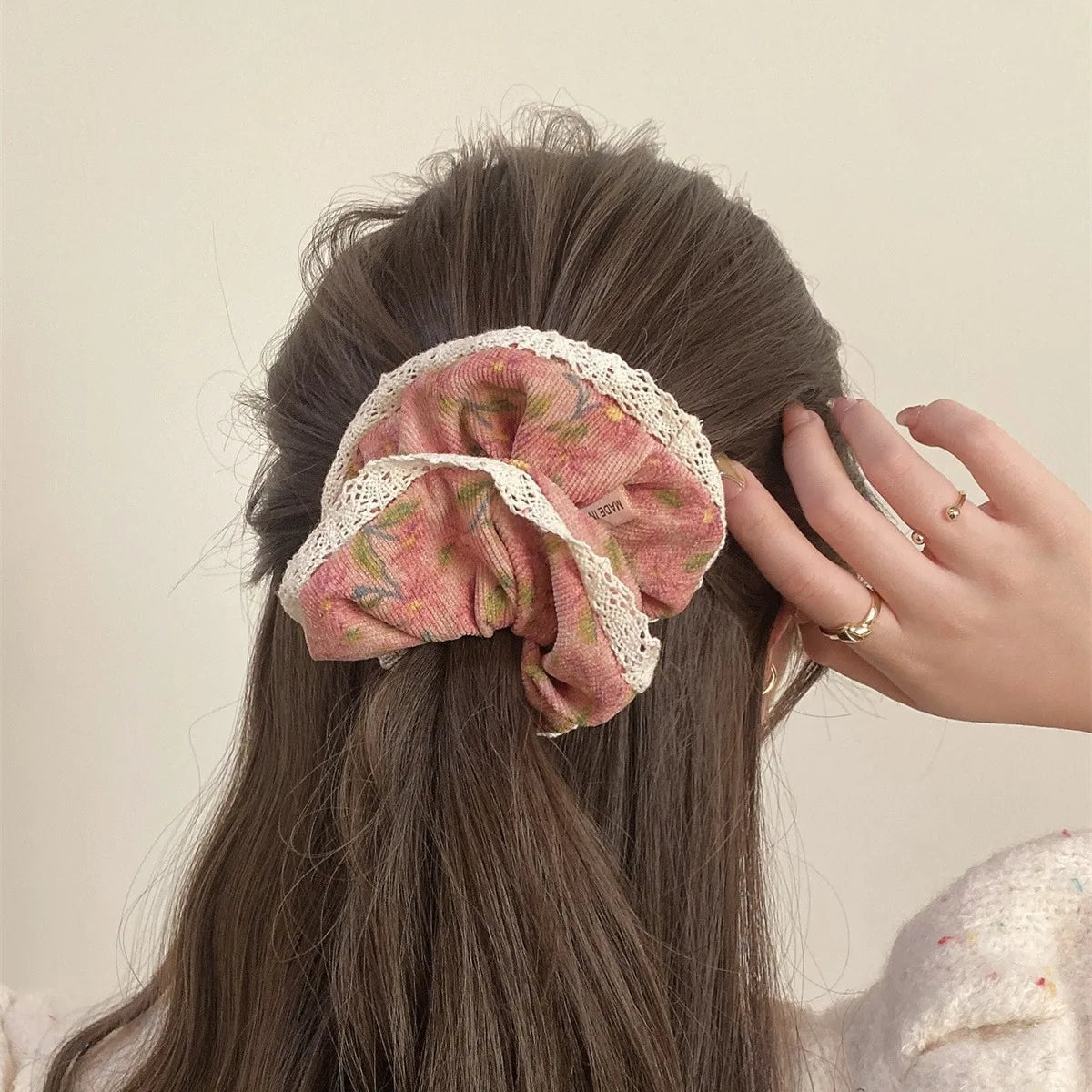 Vintage Corduroy Hair Scrunchie with Lace Edging