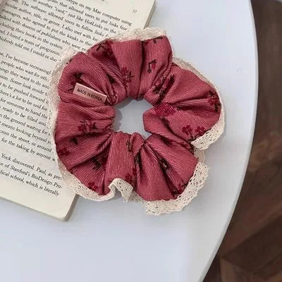 Vintage Corduroy Hair Scrunchie with Lace Edging