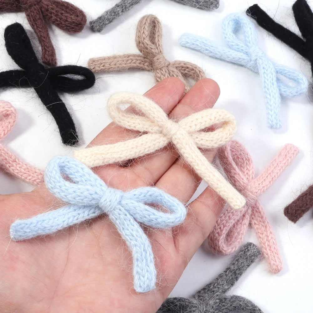 Knitted wool double-layer bow set in assorted colors, 6pcs DIY craft and hair accessory material.