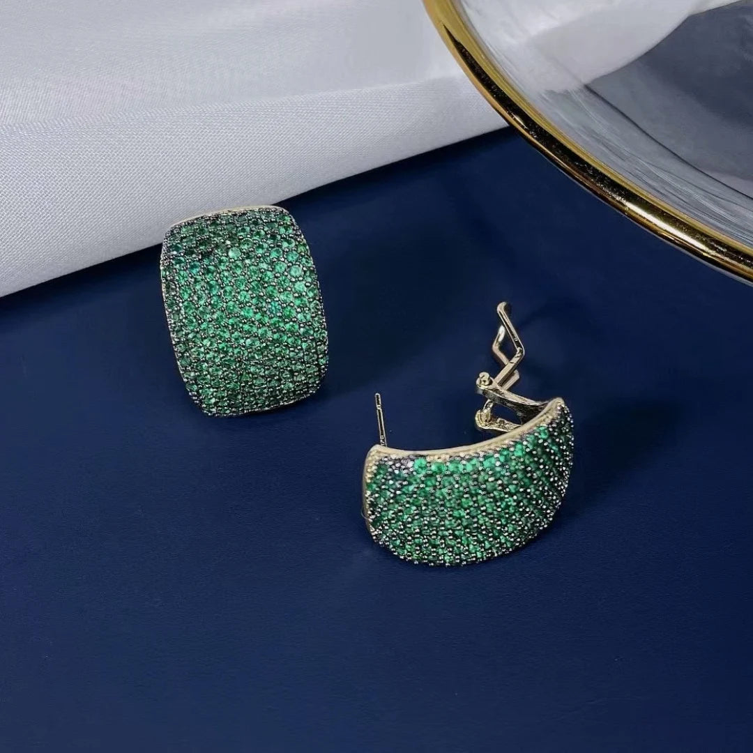 Luxury C-Shaped Zircon Stud Earrings – Multicolor & Emerald Green Statement Design