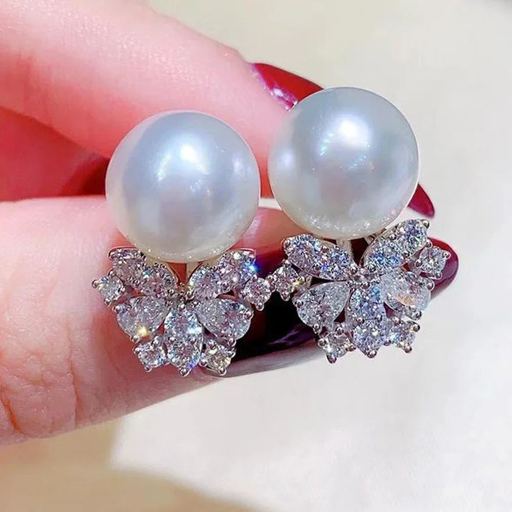 Elegant Zircon Crystal & Simulated Pearl Earrings – Luxury Statement Studs for Women