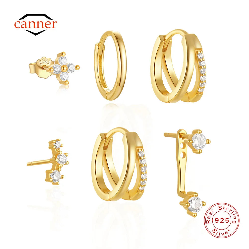 CANNER 3PCS Set Double-deck Zircon Minimalism 925 Sterling Silver Earrings For Women Ins Flower Stud Earrings Fine Jewelry Gift