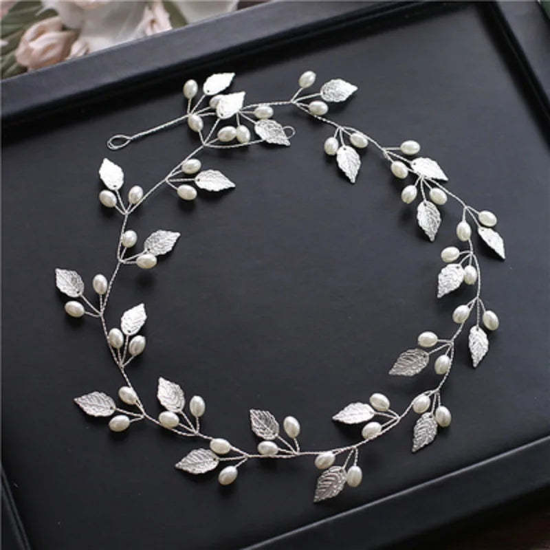 Gold & Silver Leaf Bridal Hairpiece – Faux Pearl Wedding Headband