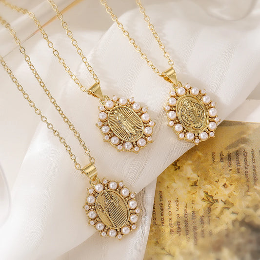 2025 New Arrival Classic Design Virgin Mary Pendant Necklaces For Women Gold Color Pearl Jewelry
