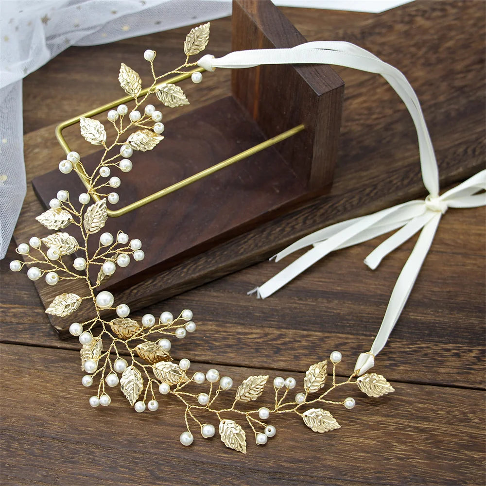 Gold & Silver Leaf Bridal Hairpiece – Faux Pearl Wedding Headband