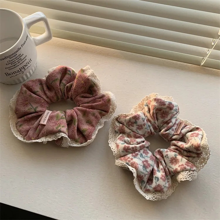 Vintage Corduroy Hair Scrunchie with Lace Edging