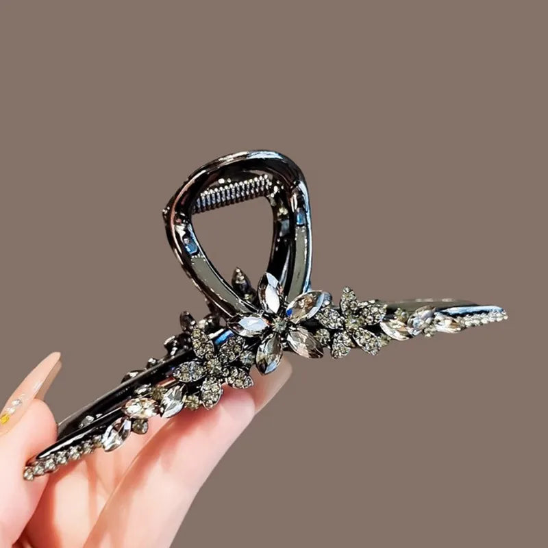 Super Fairy Crystal Flower Hair Accessories Large Size Black Metal Hair Claw High-end Back of Head Hair Clip Women's Headwear