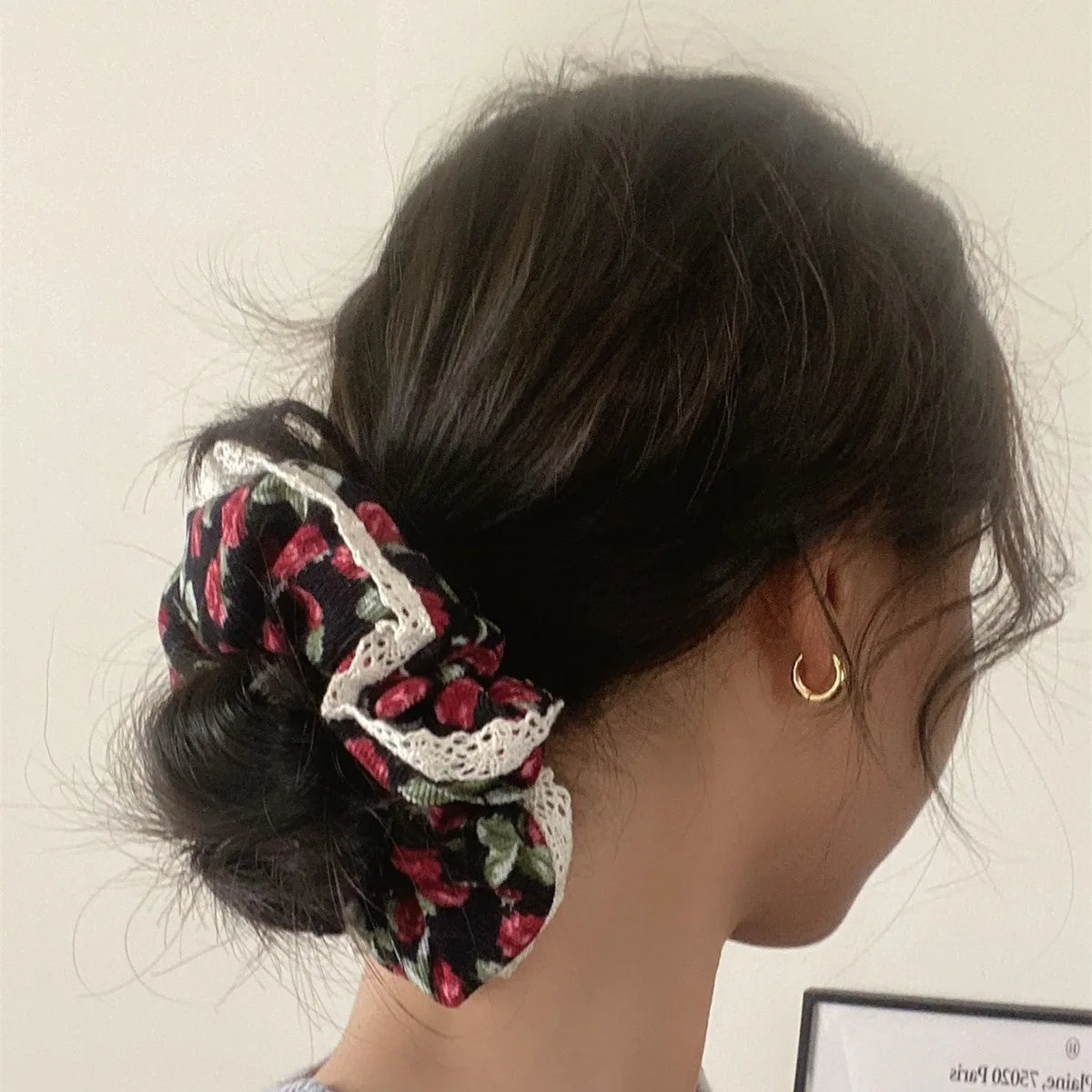 Vintage Corduroy Hair Scrunchie with Lace Edging