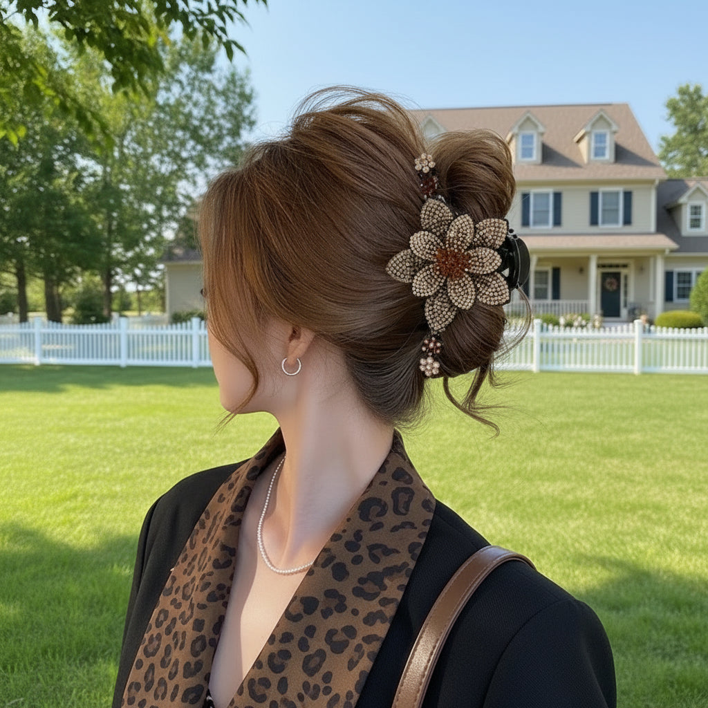 Woman wearing large crystal flower hair claw clip
