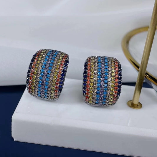 Luxury C-Shaped Zircon Stud Earrings – Multicolor & Emerald Green Statement Design