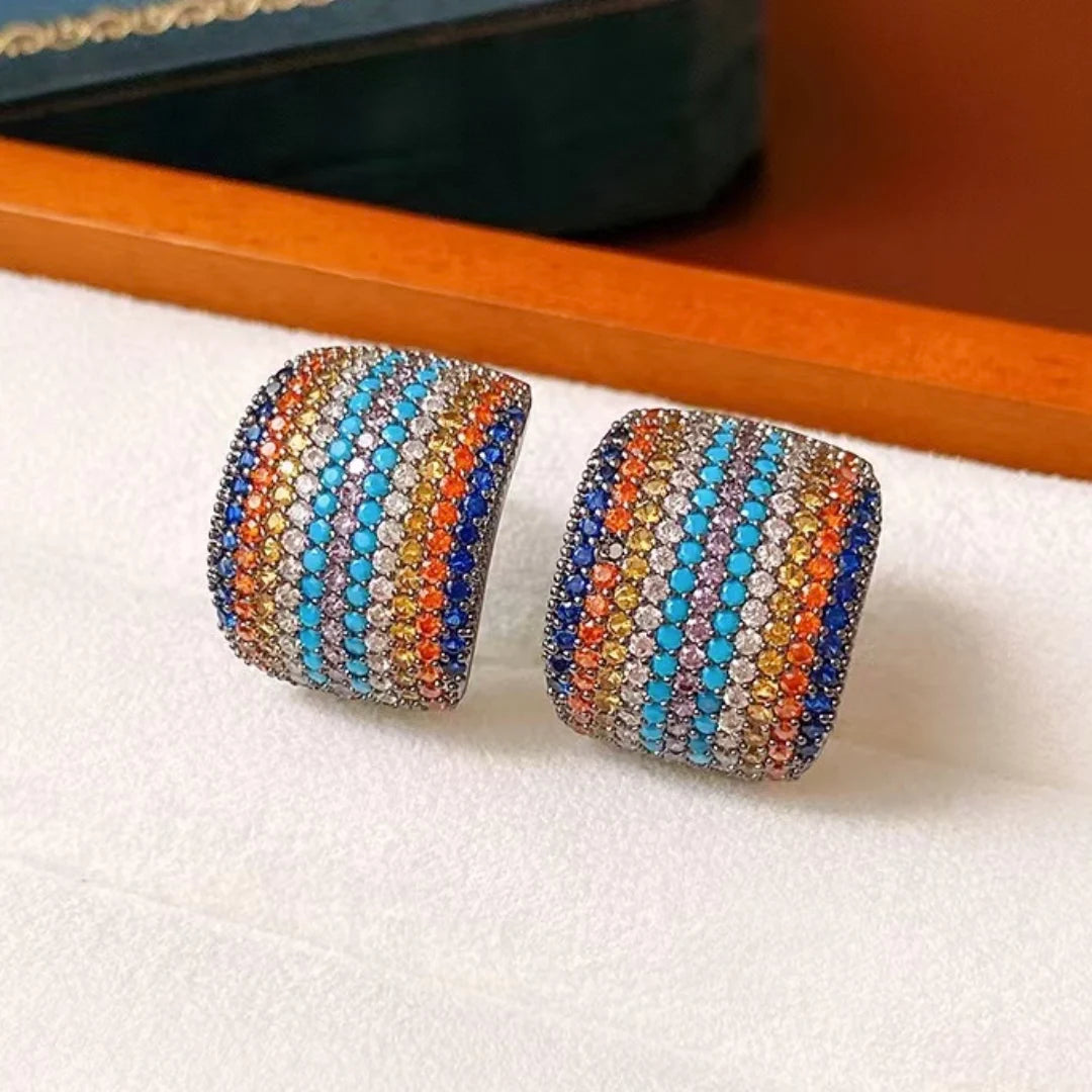 Luxury C-Shaped Zircon Stud Earrings – Multicolor & Emerald Green Statement Design