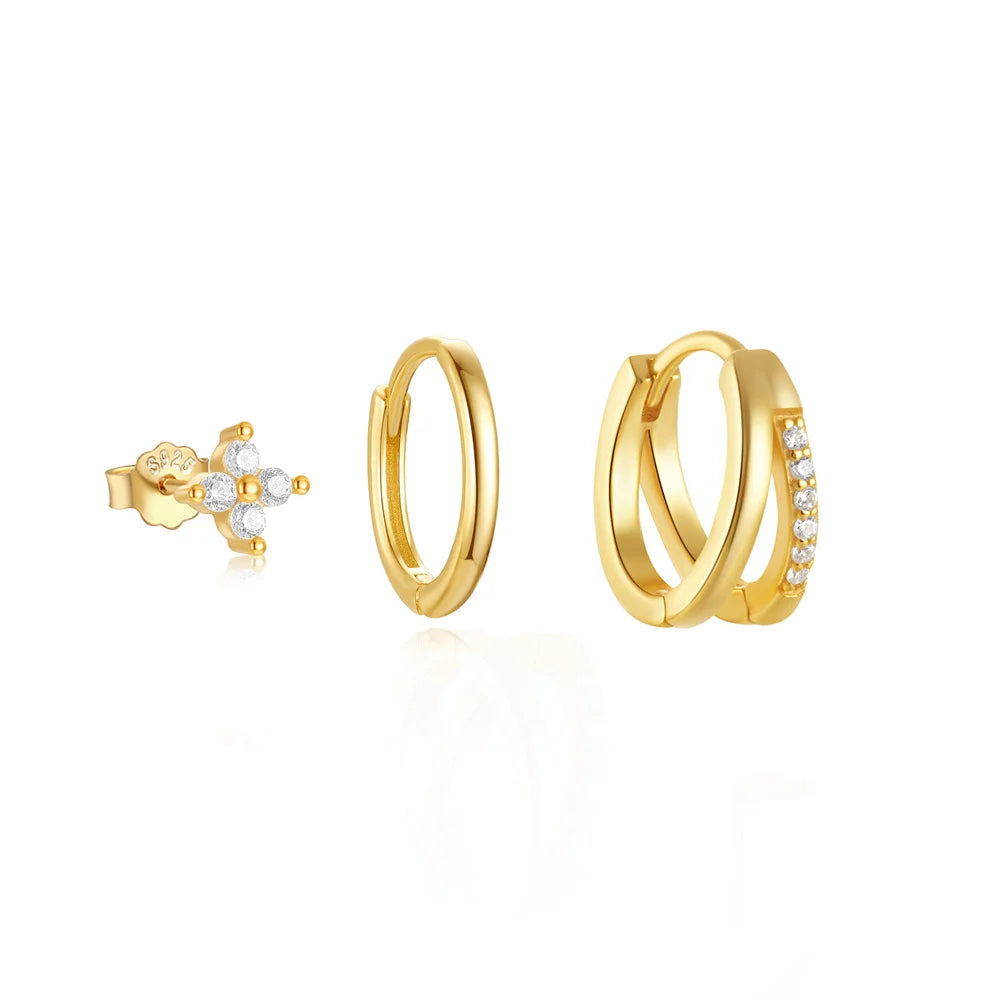 CANNER 3PCS Set Double-deck Zircon Minimalism 925 Sterling Silver Earrings For Women Ins Flower Stud Earrings Fine Jewelry Gift