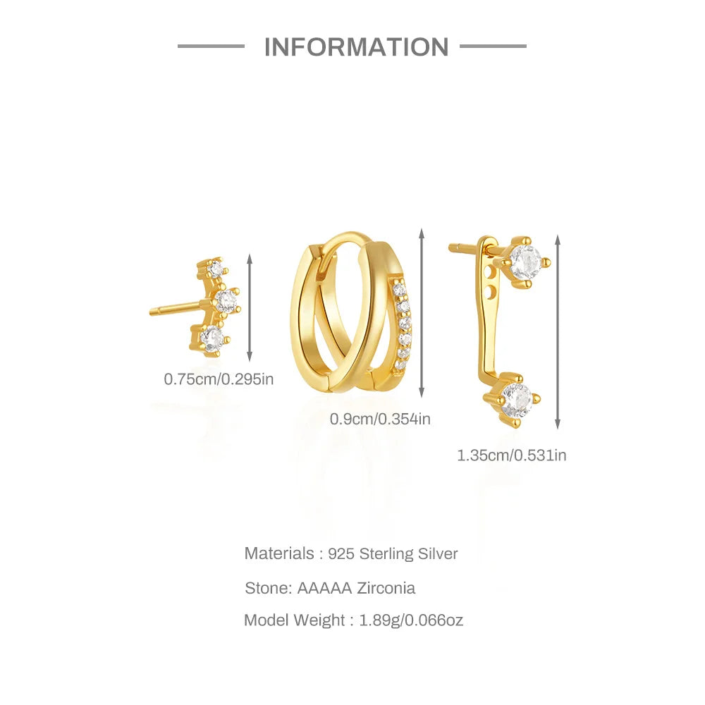 CANNER 3PCS Set Double-deck Zircon Minimalism 925 Sterling Silver Earrings For Women Ins Flower Stud Earrings Fine Jewelry Gift