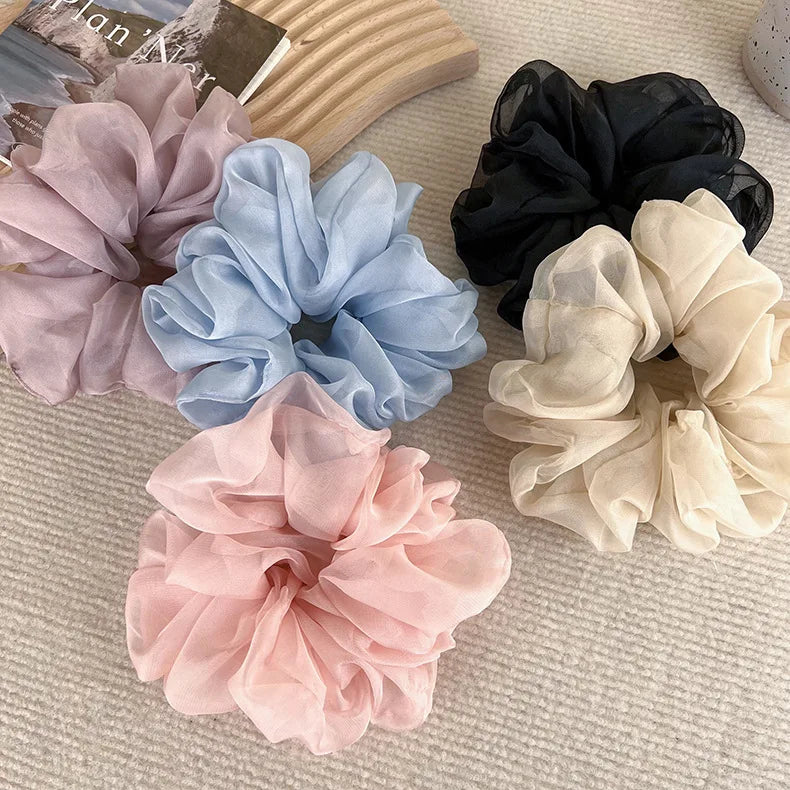 Elegant Chiffon Scrunchie for Women - Soft Organza Hair Tie Korean Style Aesthetic Hair Accessories Large Ruffled Hair Loop