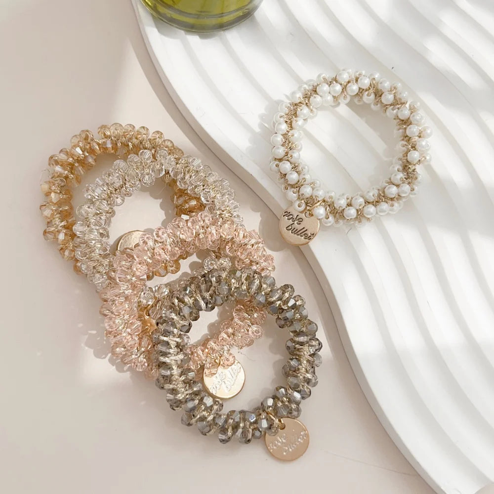 3pcs/set Crystal Pearl Beads Elastic Bands Scrunchies Hair Accessories Women Ponytail Holder Headwear