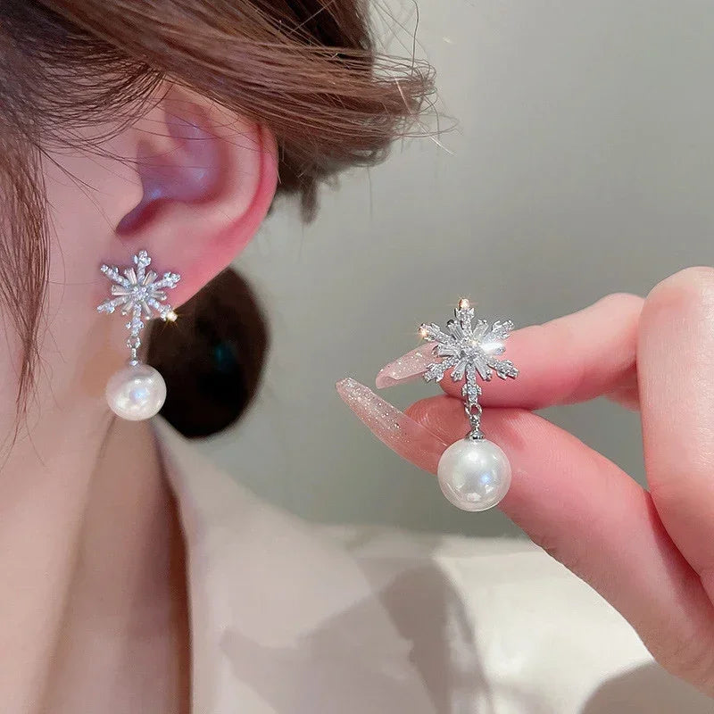 Elegant Zircon Crystal & Simulated Pearl Earrings – Luxury Statement Studs for Women