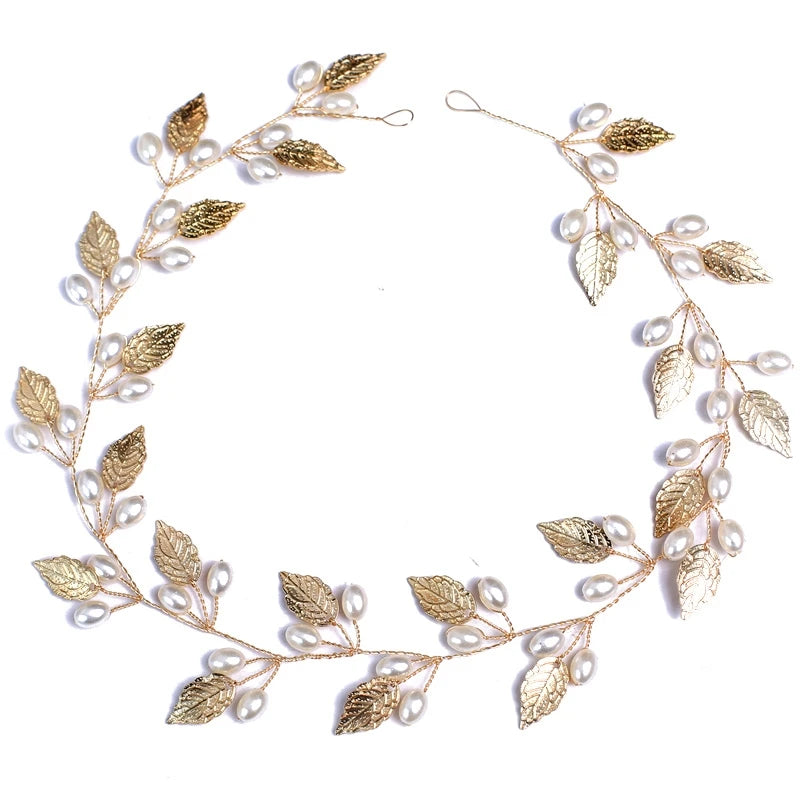 Gold & Silver Leaf Bridal Hairpiece – Faux Pearl Wedding Headband