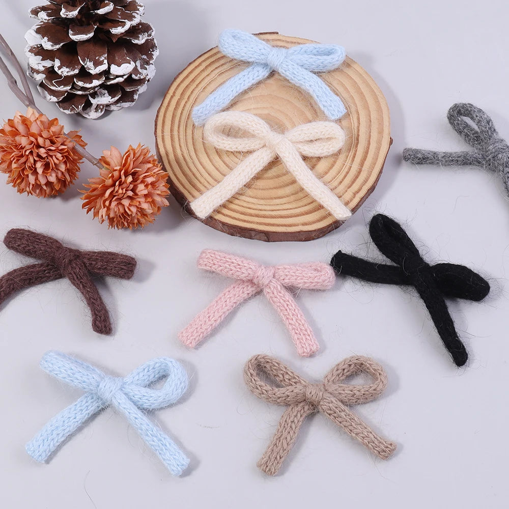 Knitted wool double-layer bow set in assorted colors, 6pcs DIY craft and hair accessory material.