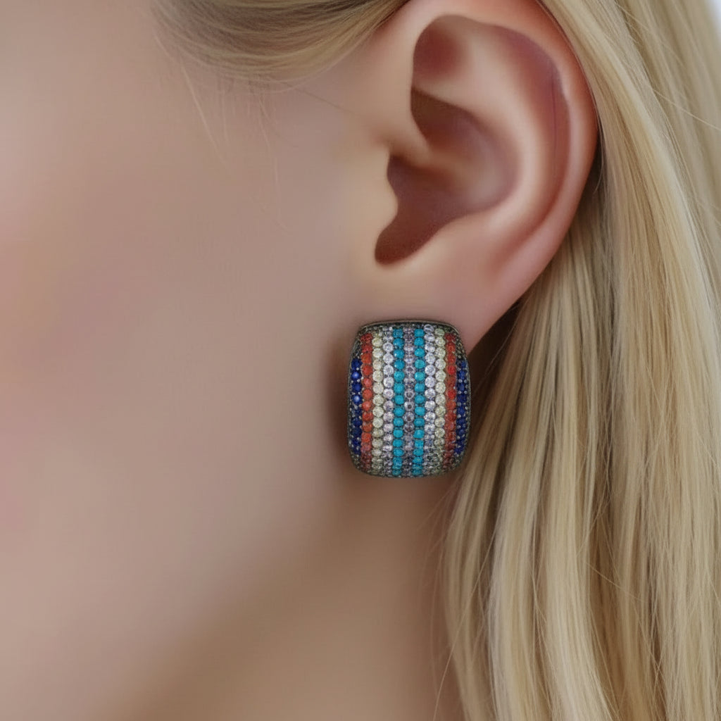 Model wearing colorful zircon C-letter earrings