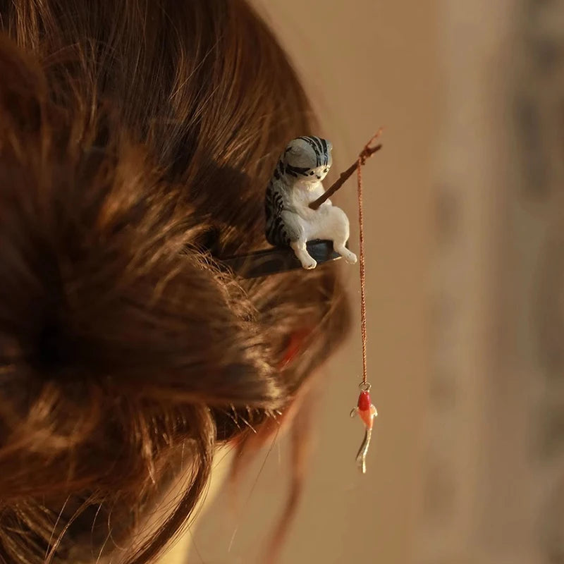 Retro Wooden Hair Stick Hairpin for Women Cute Cat Tassel Hair Clip Chopstick Bun Maker Hanfu Headdress Jewelry Hair Accessories