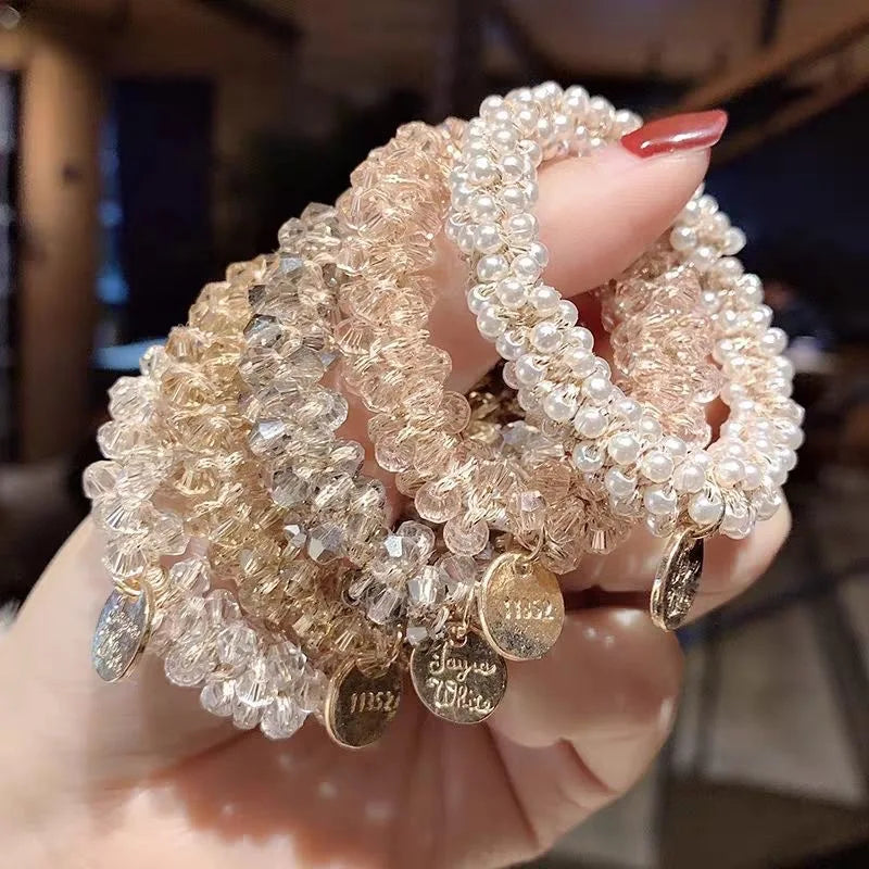 3pcs/set Crystal Pearl Beads Elastic Bands Scrunchies Hair Accessories Women Ponytail Holder Headwear