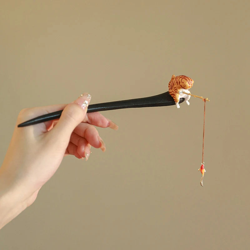 Retro Wooden Hair Stick Hairpin for Women Cute Cat Tassel Hair Clip Chopstick Bun Maker Hanfu Headdress Jewelry Hair Accessories