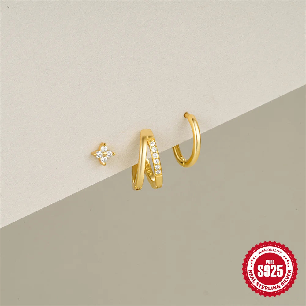 CANNER 3PCS Set Double-deck Zircon Minimalism 925 Sterling Silver Earrings For Women Ins Flower Stud Earrings Fine Jewelry Gift