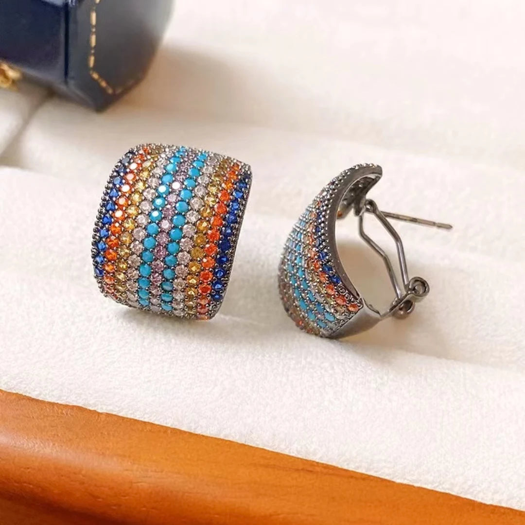 Luxury C-Shaped Zircon Stud Earrings – Multicolor & Emerald Green Statement Design