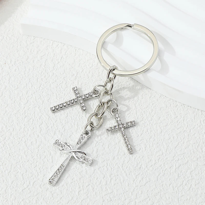 Silver Cross Charm Keychain – Multi-Cross Zinc Alloy Christian Keyring Gift