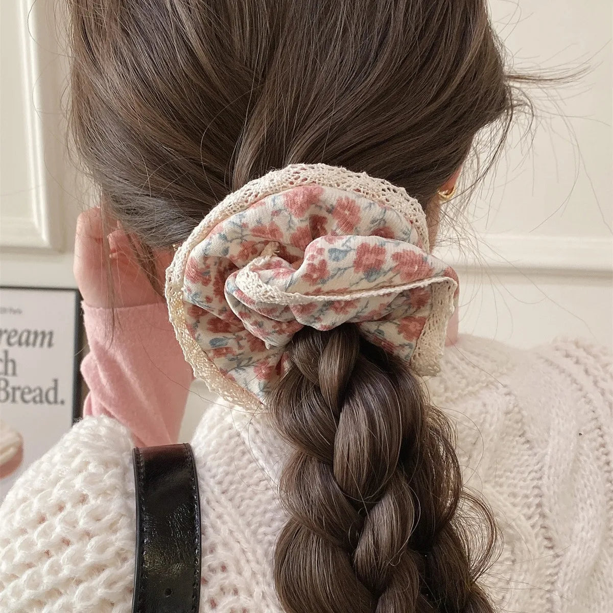 Vintage Corduroy Hair Scrunchie with Lace Edging