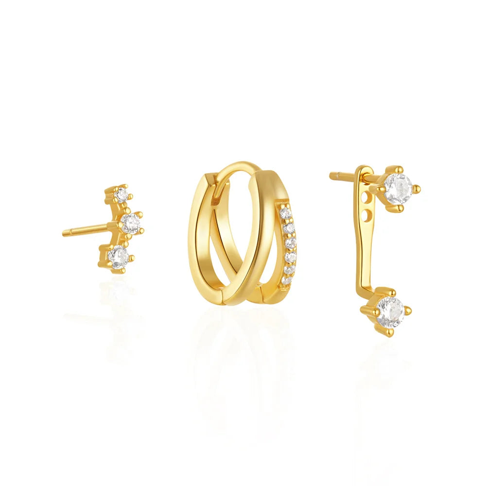 CANNER 3PCS Set Double-deck Zircon Minimalism 925 Sterling Silver Earrings For Women Ins Flower Stud Earrings Fine Jewelry Gift