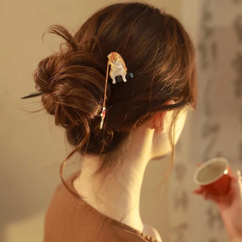Retro Wooden Hair Stick Hairpin for Women Cute Cat Tassel Hair Clip Chopstick Bun Maker Hanfu Headdress Jewelry Hair Accessories