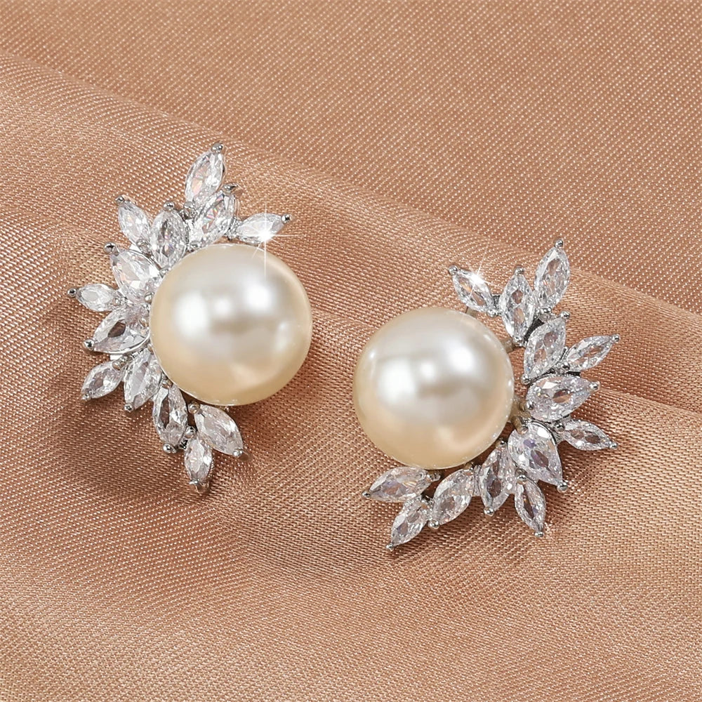 White Imitation Pearl Leaf Stud Earrings for Women Shiny Marquise Zircon Bridal Earring Wedding Jewelry