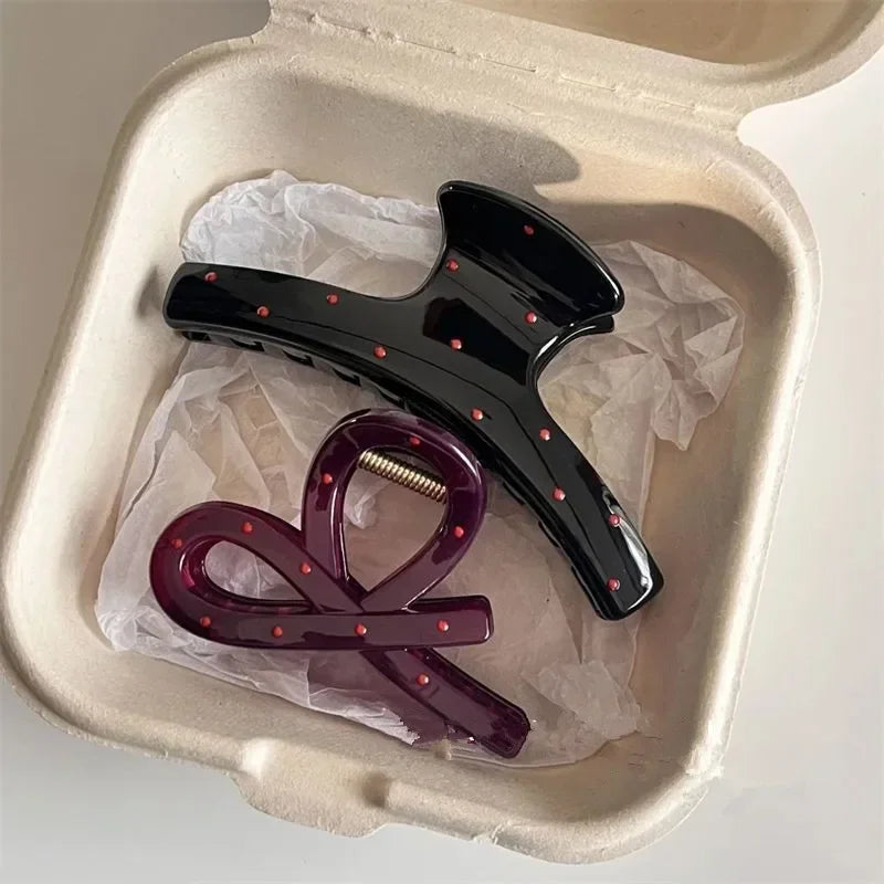 2pcs Women Vintage Red Polka Dot Ribbon Bow Shark Clip Hairpin Hair Claw Crab Barrettes Elegant Headwear Hair Accessories Gift