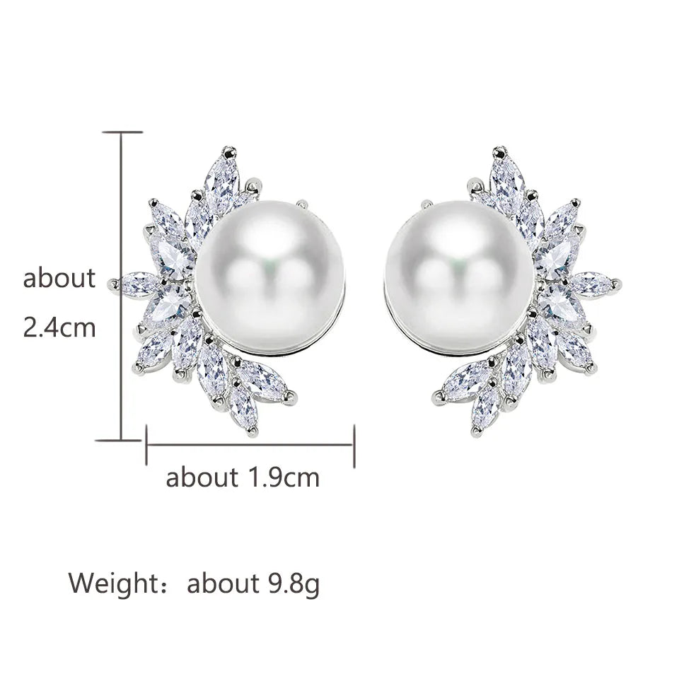 White Imitation Pearl Leaf Stud Earrings for Women Shiny Marquise Zircon Bridal Earring Wedding Jewelry