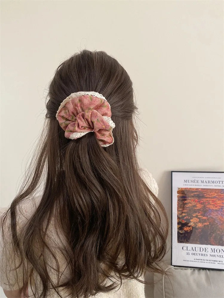 Vintage Corduroy Hair Scrunchie with Lace Edging