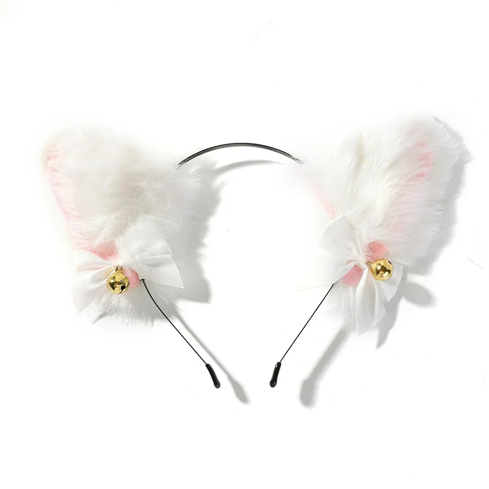 Sexy Cat Ears Headband for Women Girls Lace Bow Necklace Plush Bell Hairband Cosplay Masquerade-Party Costume Hair Accessories