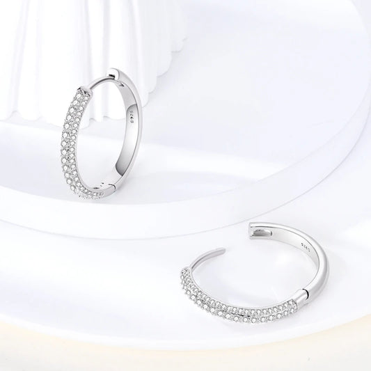 925 Sterling Silver Earrings Women Double Side Pave White Zirconia Large Hoop Earring For Anniversary Wedding Jewelry Gifts