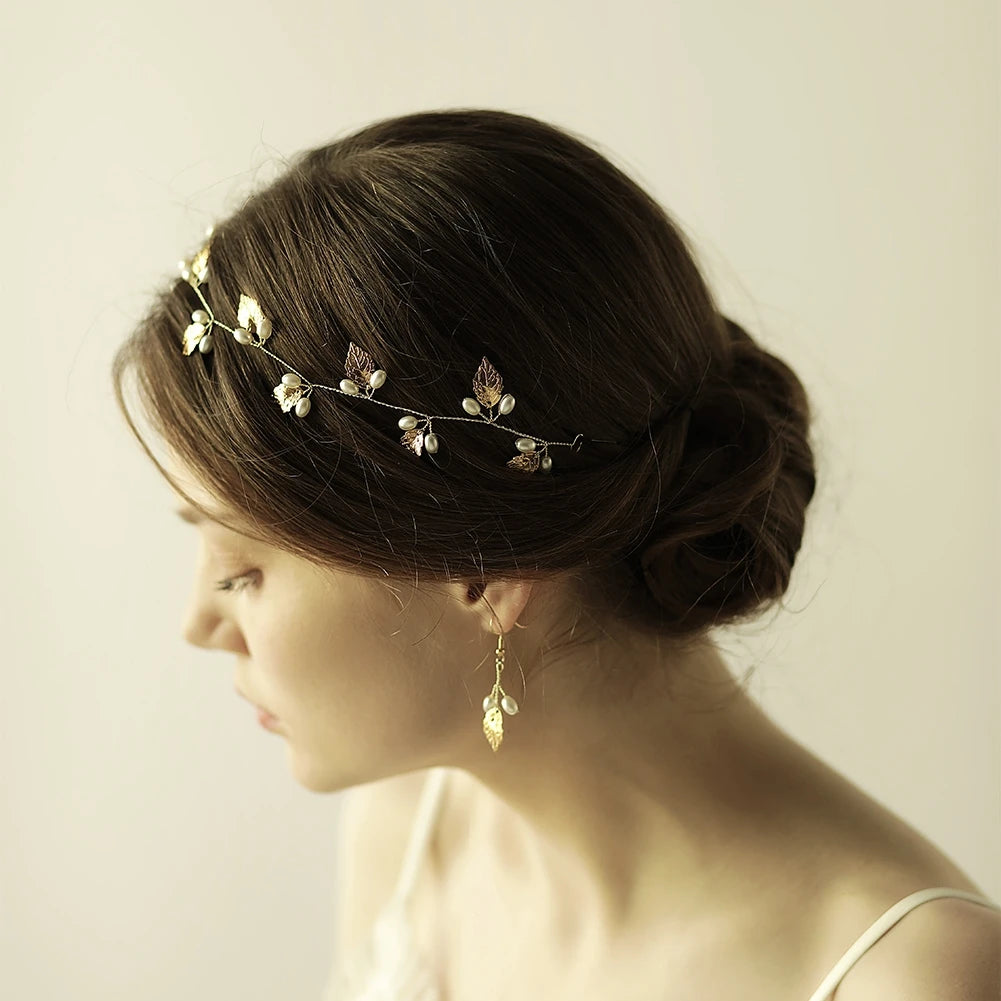Gold & Silver Leaf Bridal Hairpiece – Faux Pearl Wedding Headband