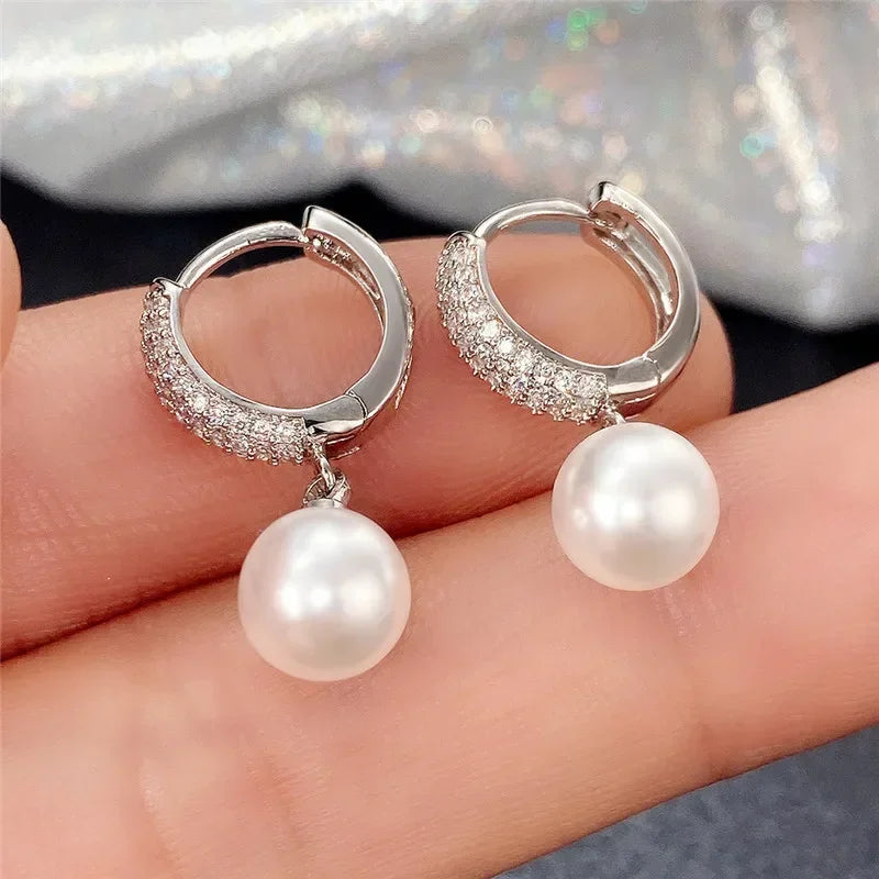 Elegant Zircon Crystal & Simulated Pearl Earrings – Luxury Statement Studs for Women