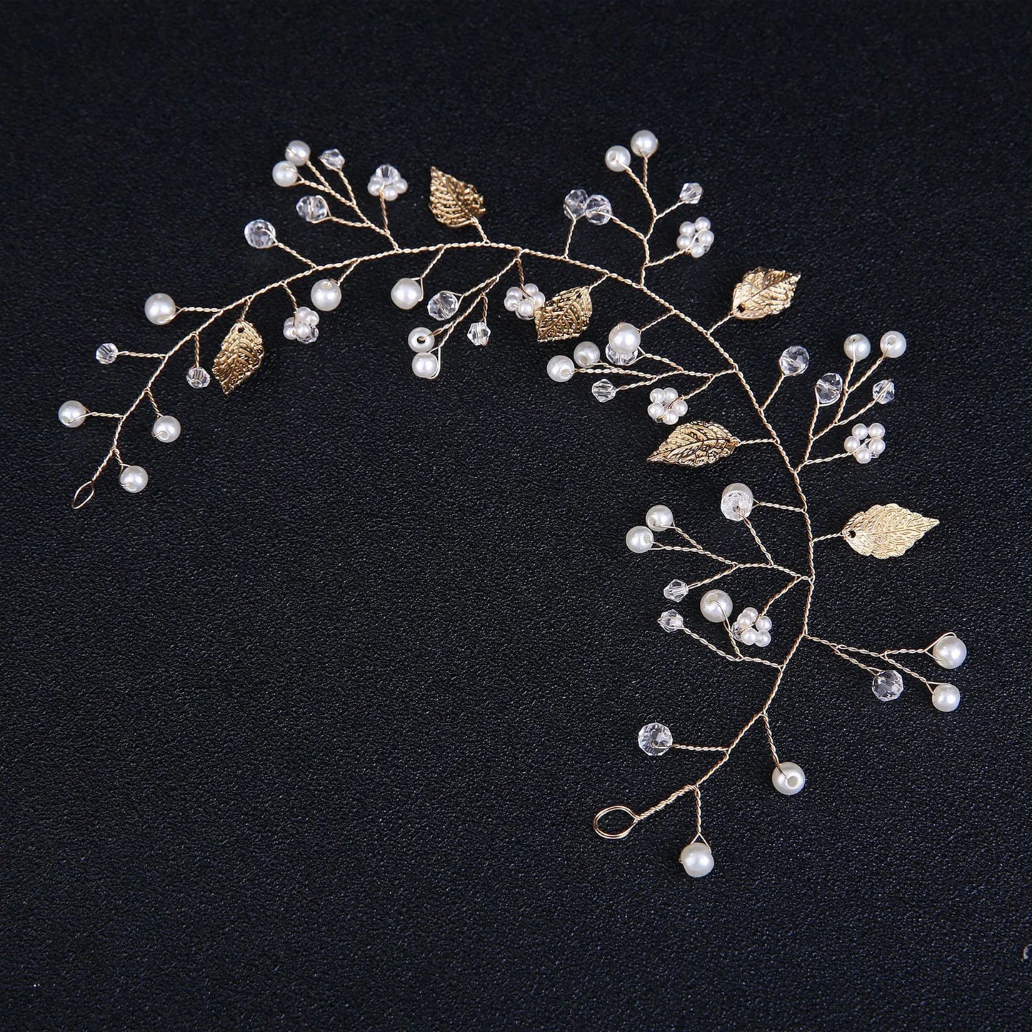 Gold & Silver Leaf Bridal Hairpiece – Faux Pearl Wedding Headband