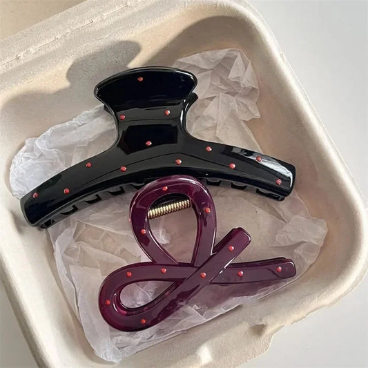 2pcs Women Vintage Red Polka Dot Ribbon Bow Shark Clip Hairpin Hair Claw Crab Barrettes Elegant Headwear Hair Accessories Gift