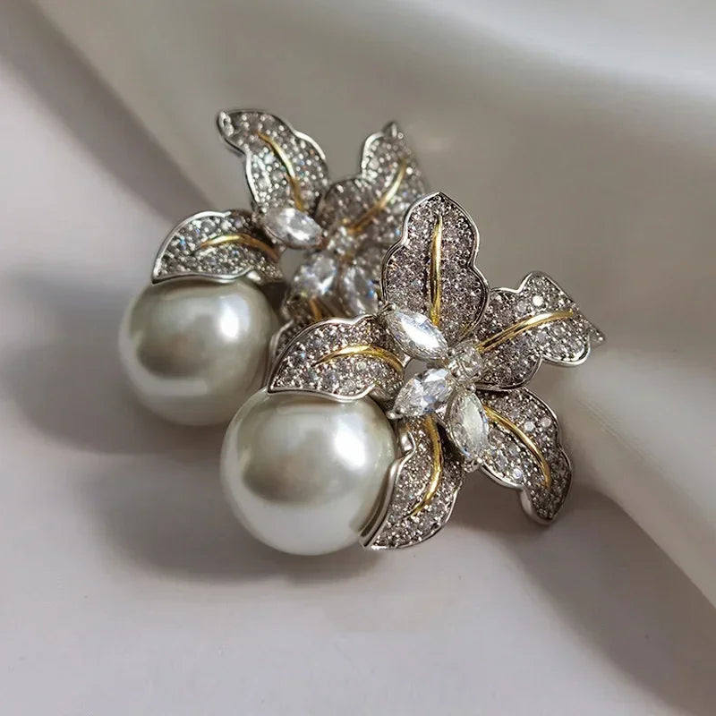 Elegant Zircon Crystal & Simulated Pearl Earrings – Luxury Statement Studs for Women