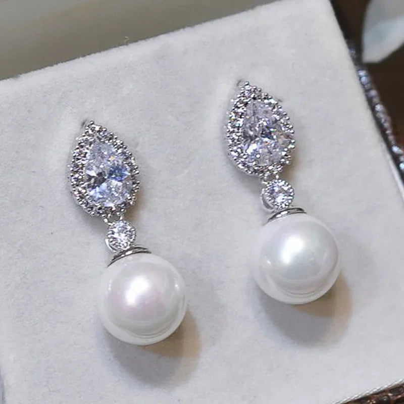 Elegant Zircon Crystal & Simulated Pearl Earrings – Luxury Statement Studs for Women