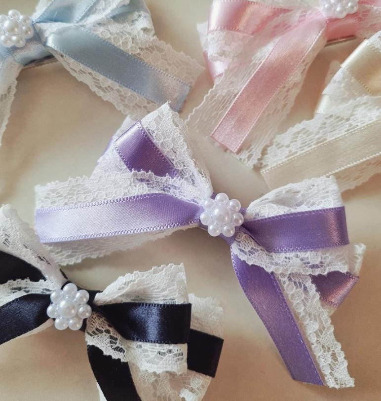 Lace & Satin Bow Hair Clip – Elegant Baby-Safe Design; Handmade in Korea Mini flower charm center classy timeless formal [with Pinkluvme]