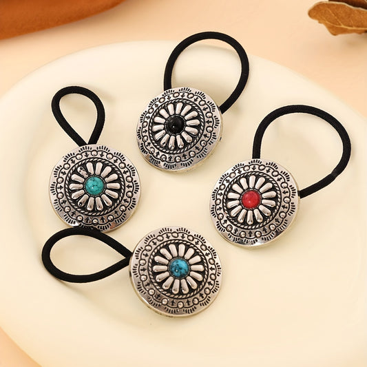 Vintage Bohemian Flower Hair Tie Set – 4 Pcs Alloy Elastic Bands