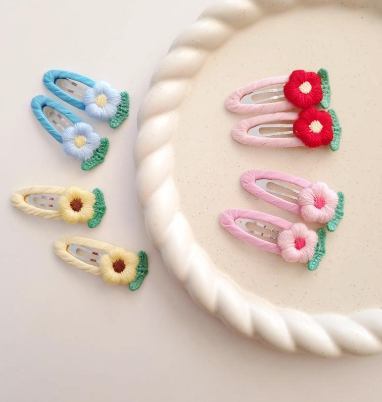 Girl Spring Flower Hair Snap Clip Handmade Spring Stitched Embroidered Flower Handwrapped Hair Clip Made in South Korea [with Pinkluvme]