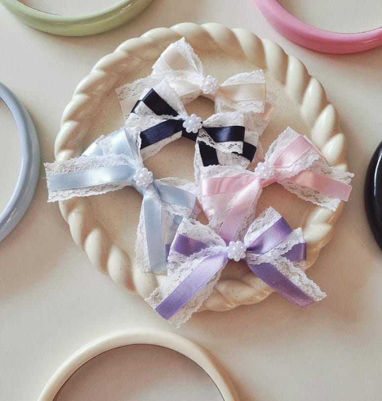 Lace & Satin Bow Hair Clip – Elegant Baby-Safe Design; Handmade in Korea Mini flower charm center classy timeless formal [with Pinkluvme]