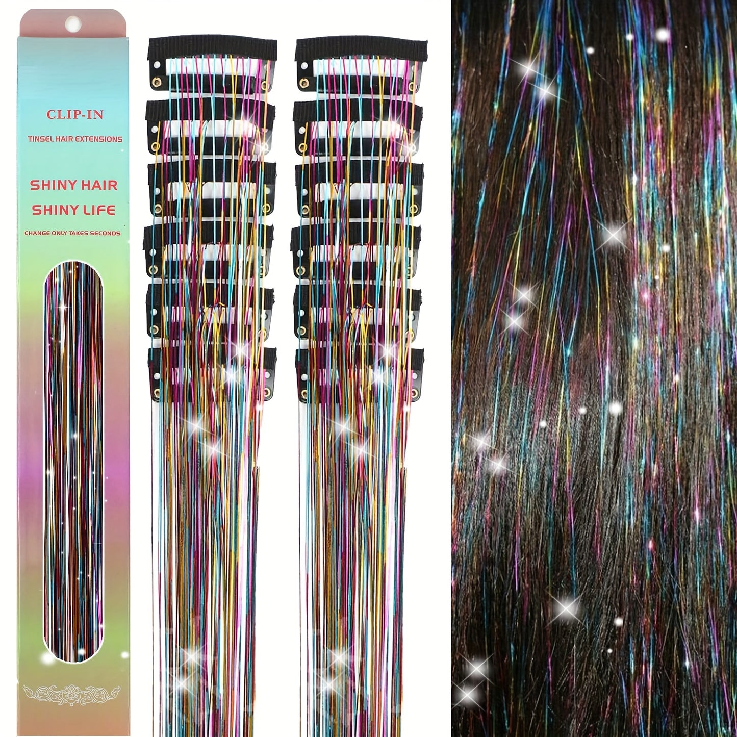 [12Pcs Clip In Tinsel] 12Pcs 23.6inch Clip In Hair Tinsel | Fairy Hair Tinsel Glitter Hair Extensions | Sparkly Hair Accessories For Girls Women